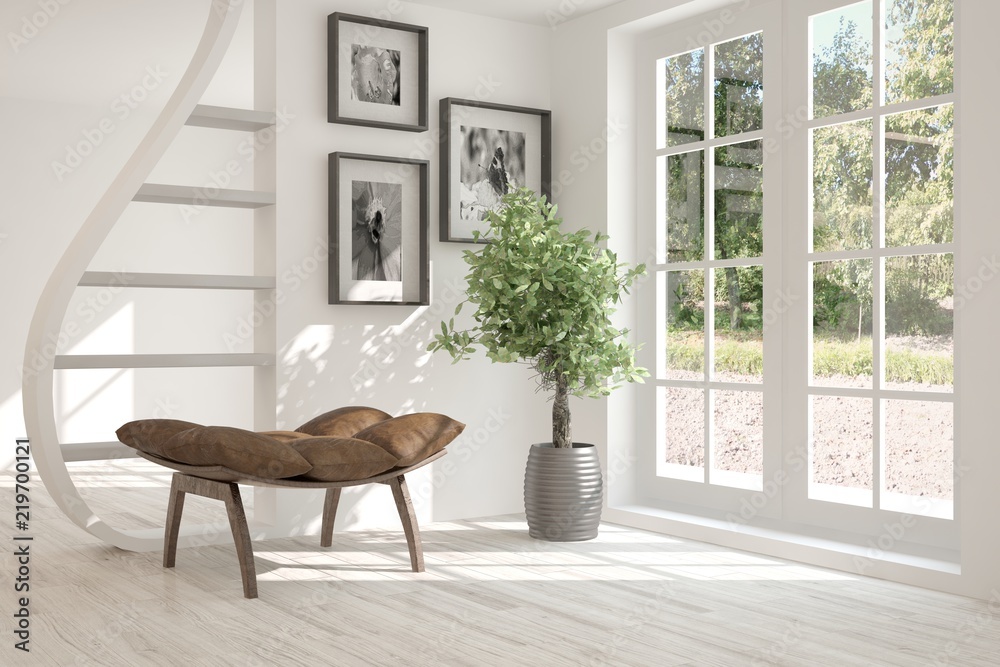 White room with armchair and green landscape in window. Scandinavian interior design. 3D illustratio