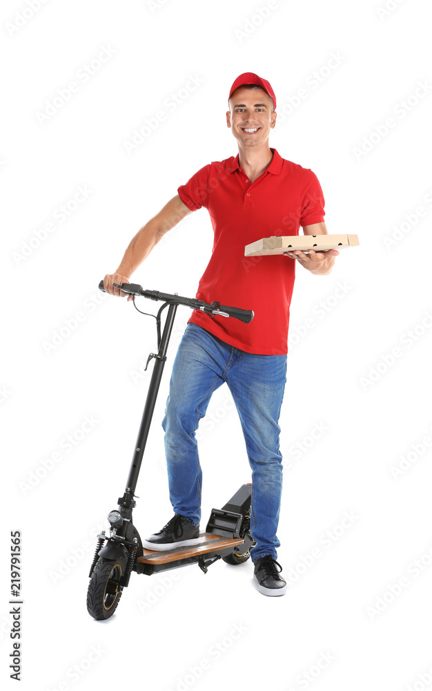 Young man with pizza box and kick scooter on white background. Food delivery service