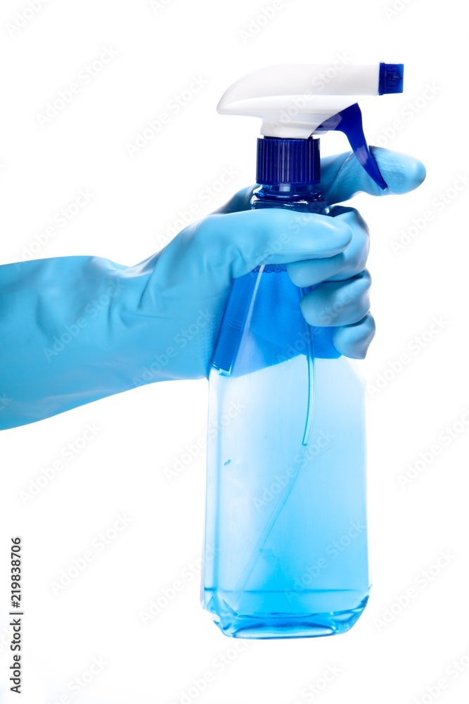 Hand in Rubber Glove Holding a Spray Bottle