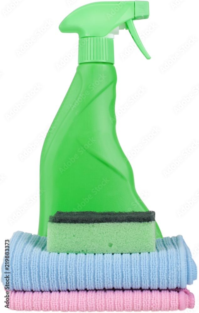 Spray bottles, sponge and towels