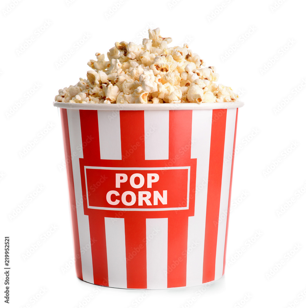 Paper bucket with tasty popcorn on white background