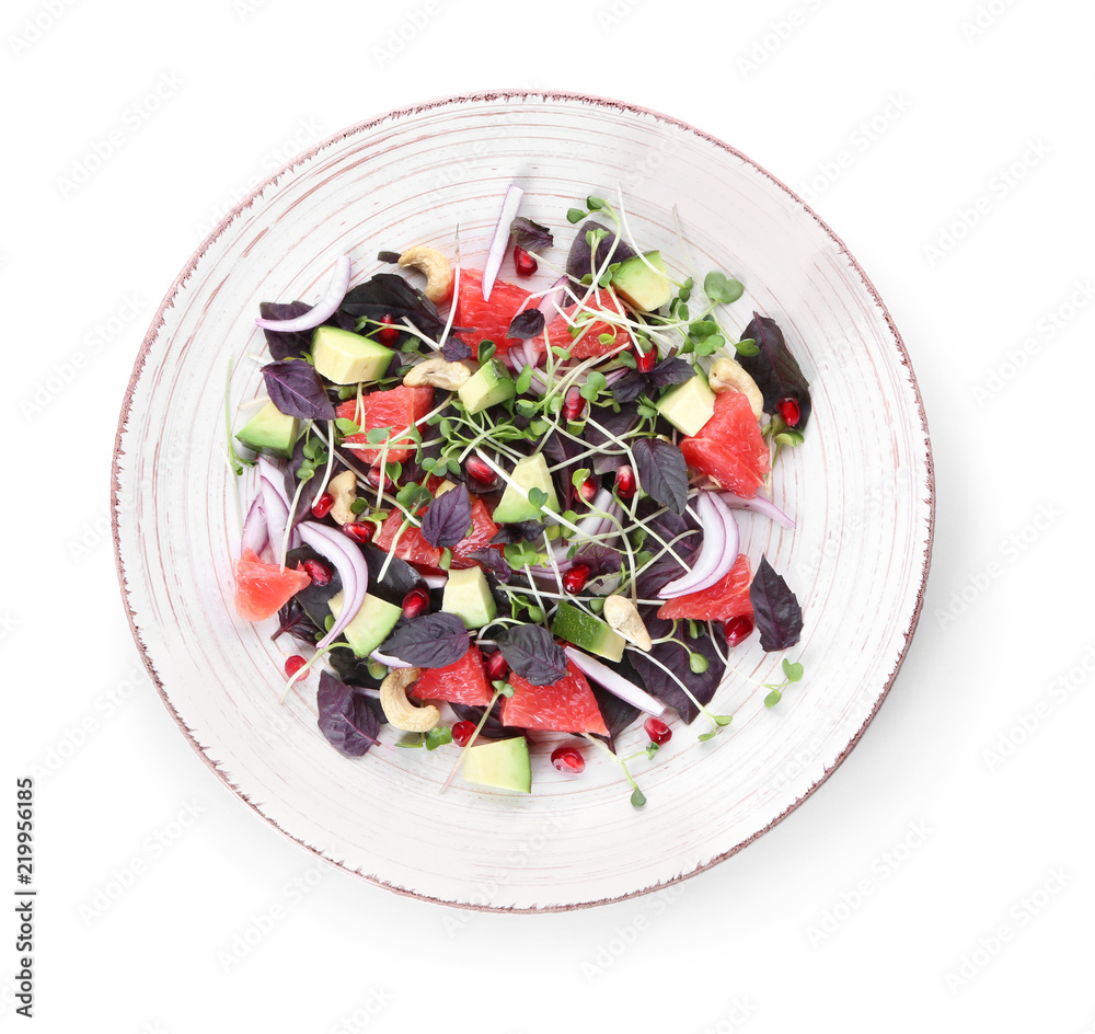 Plate with fresh vegetable salad on white background