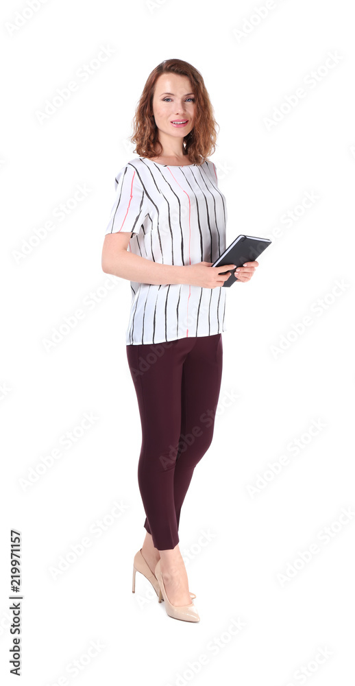 Portrait of beautiful businesswoman on white background