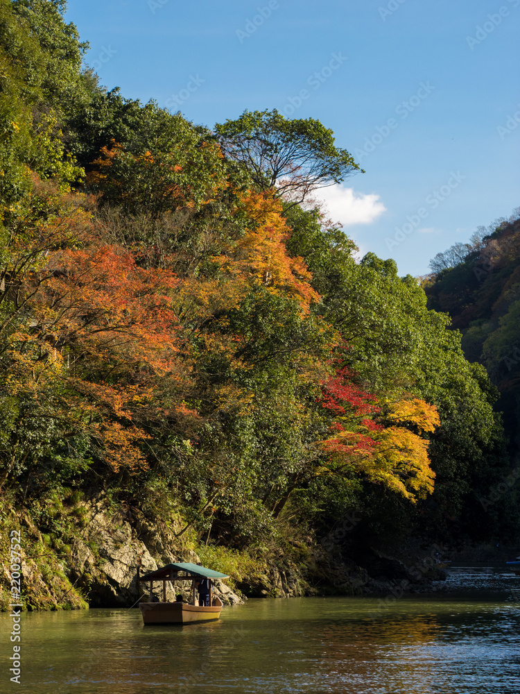 晩秋の嵐山、桂川に浮かぶ屋形船