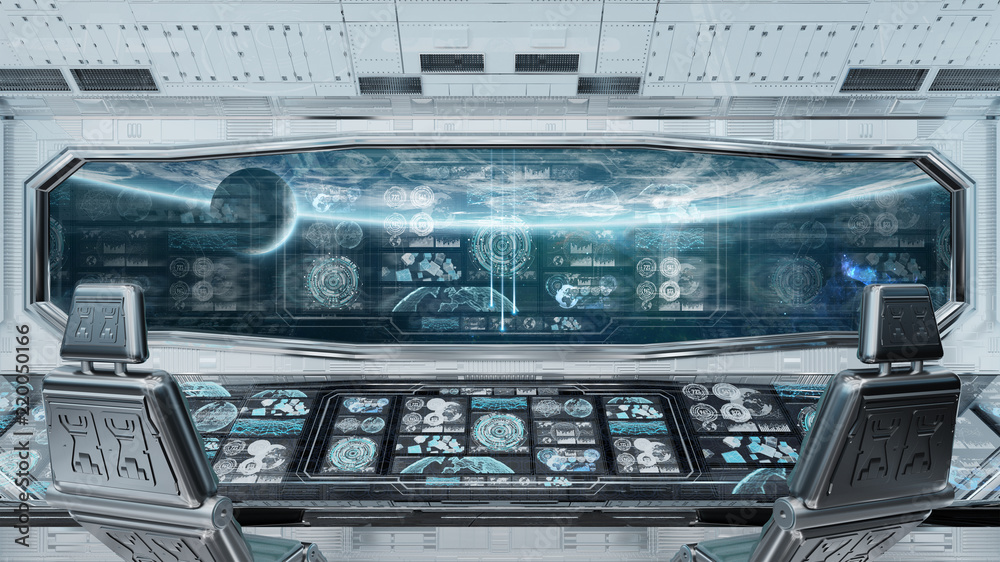 White spaceship interior with control panel digital screens 3D rendering