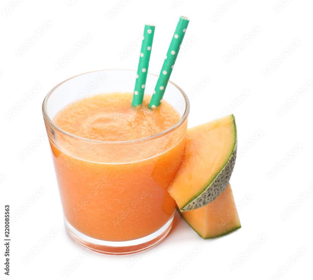 Glass of fresh melon smoothie on white background