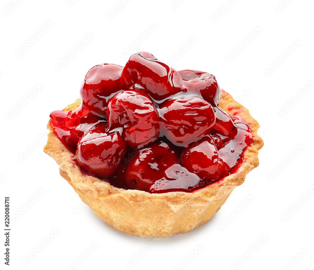 Delicious tart with cherries on white background