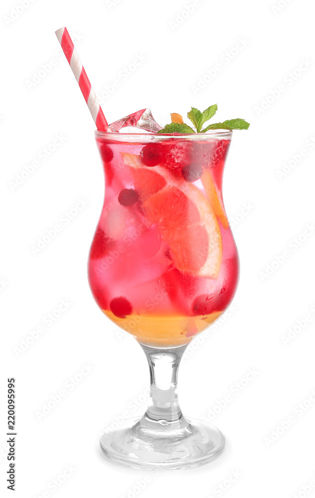 Glass of fresh cocktail on white background