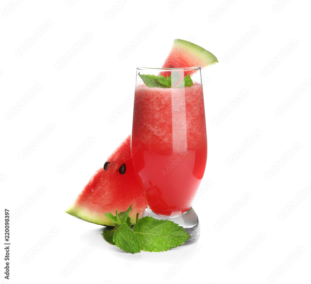 Glass with fresh watermelon smoothie on white background