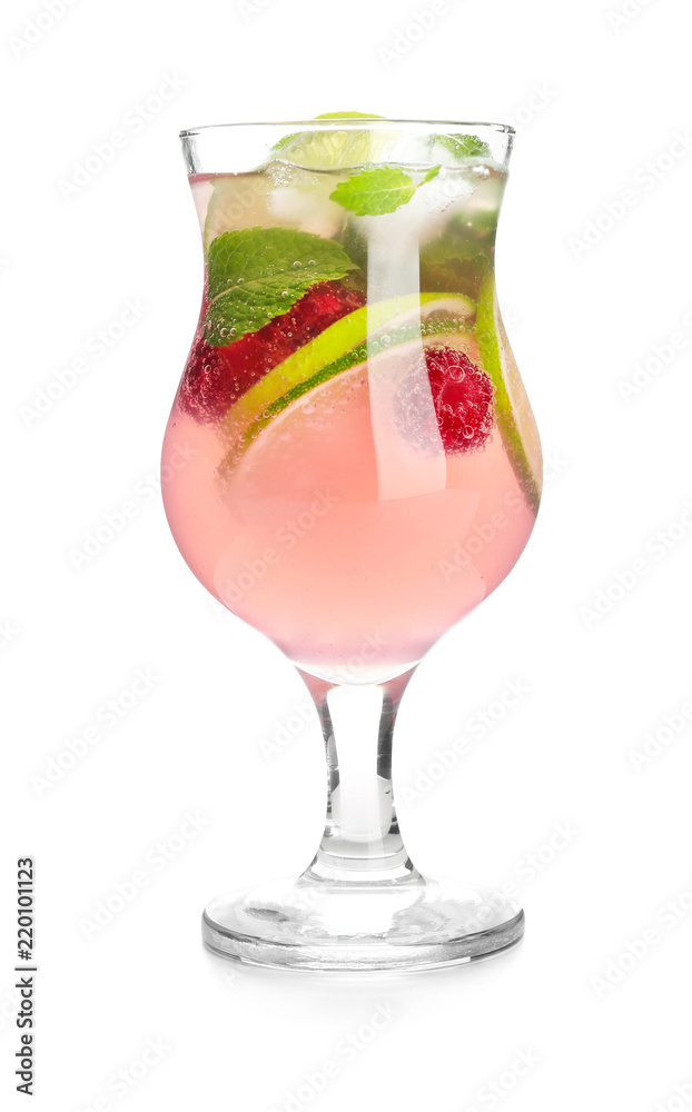 Glass of fresh raspberry mojito on white background