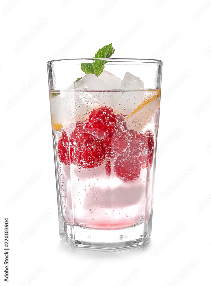 Glass of fresh raspberry lemonade on white background