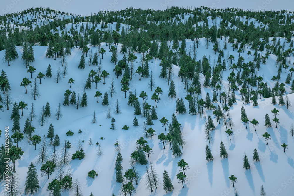 3d渲染，森林与雪地