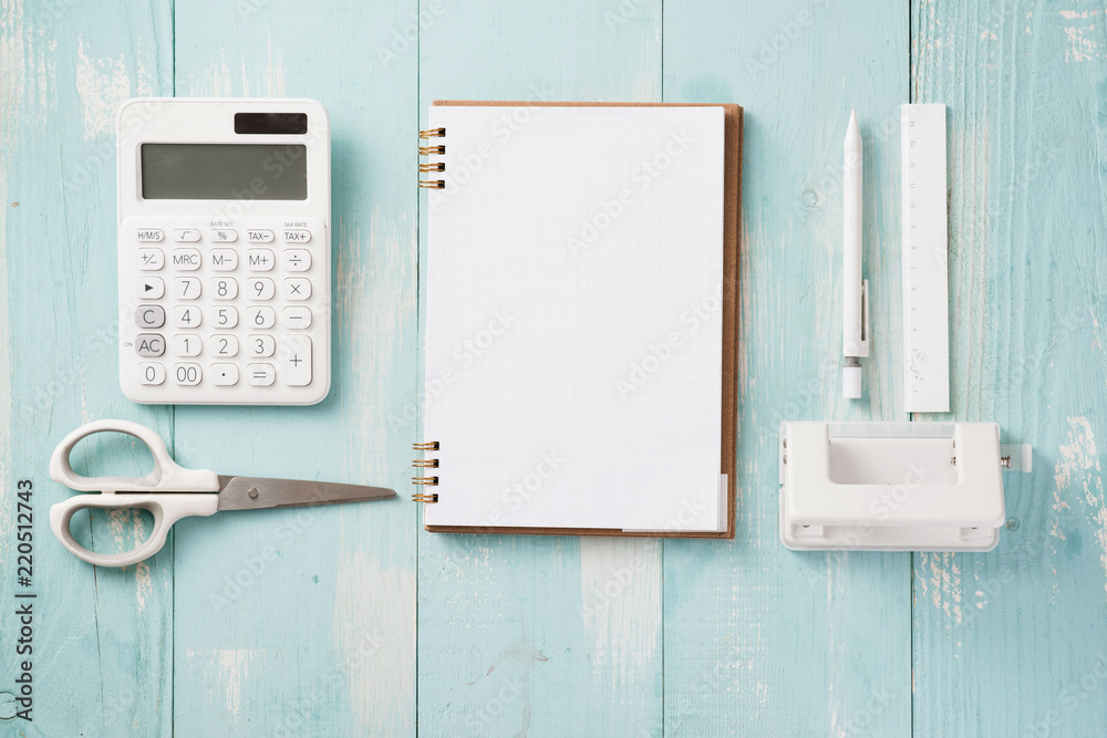 Modern mock up flat lay of notebook and stationery on blue wooden background - Concept of creative w