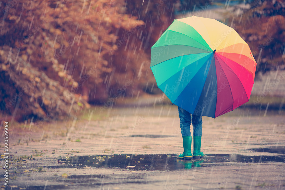 雨天，孩子穿着雨鞋在水坑里行走。苏州，男孩在雨中撑着五颜六色的伞