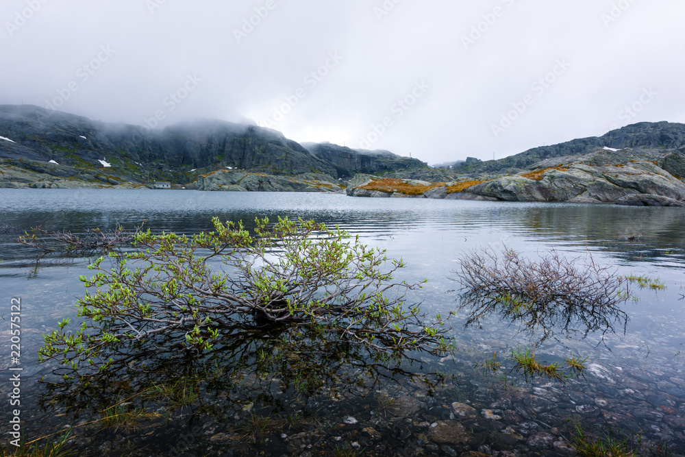 挪威著名的特罗尔通加岩石附近有雪山和清澈的湖泊，这是典型的挪威景观。