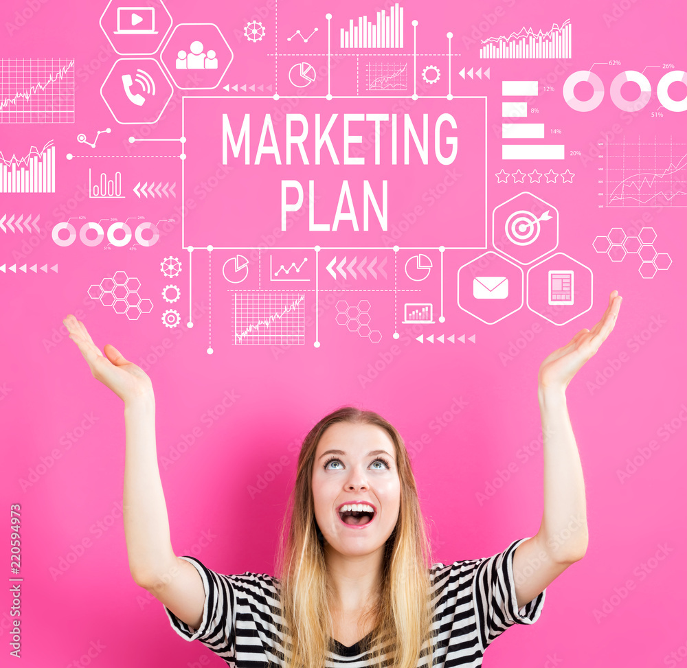 Marketing plan with young woman reaching and looking upwards