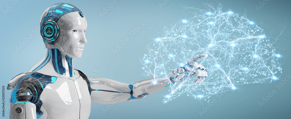 White man humanoid creating artificial intelligence 3D rendering