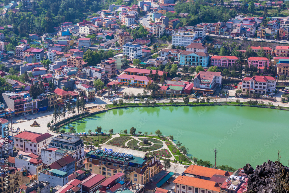 Aerial view Sapa City View from the top of Mount Hamrong in Sapa city, Lao Cai, Sapa, Vietnam.