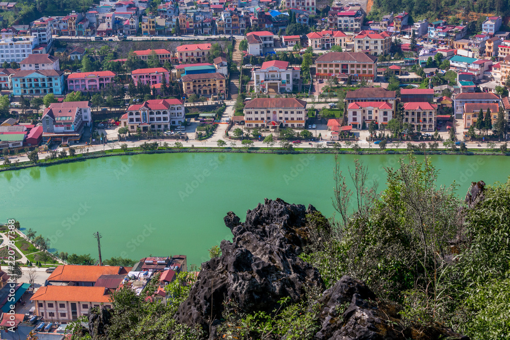 Aerial view Sapa City View from the top of Mount Hamrong in Sapa city, Lao Cai, Sapa, Vietnam.