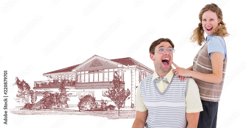 Couple in front of house drawing sketch