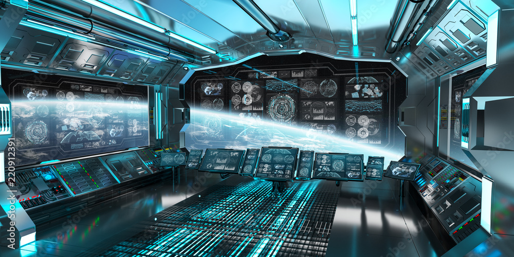 Blue spaceship interior with control panel screens 3D rendering