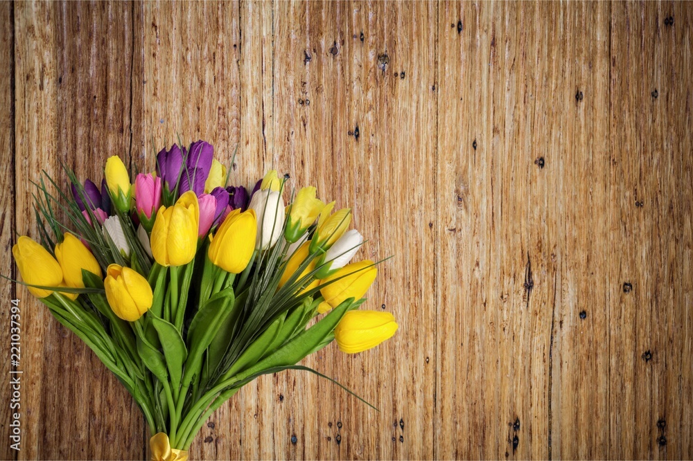 Different color tulips on background