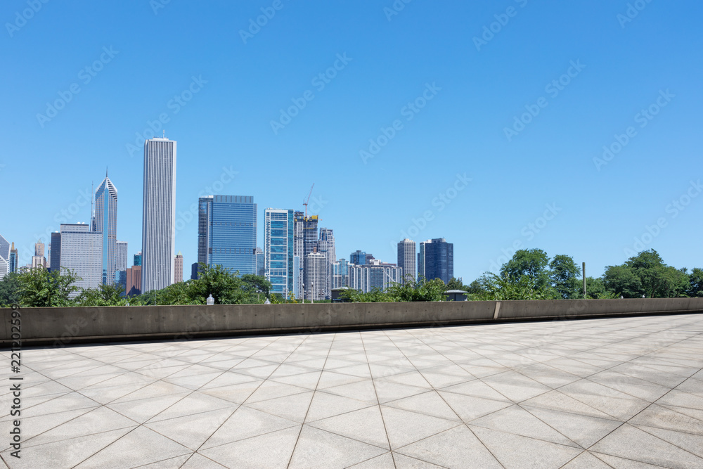 empty ground with modern cityscape in chicago