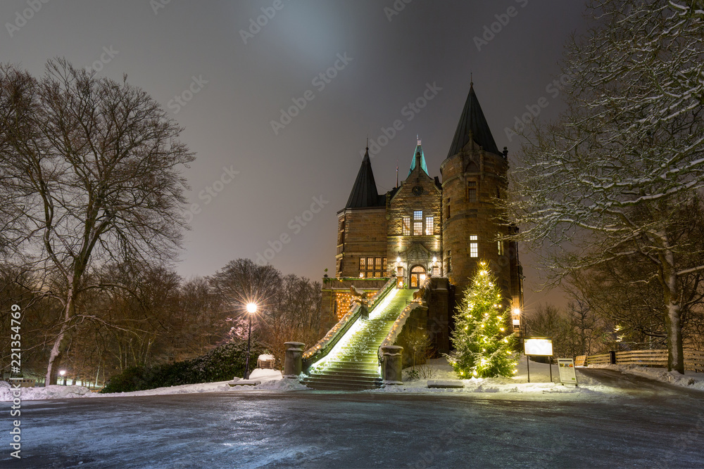 Teleborg Castle at snowy night in Vaxjo, Sweden