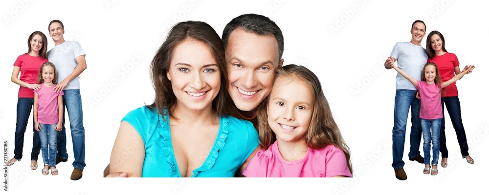 Happy smiling family with daughter isolated on white, collage