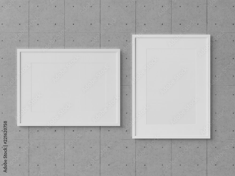 White rectangular frames hanging on a concrete wall mockup 3D rendering