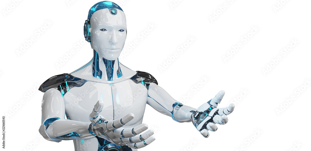 White male cyborg opening his two hands isolated on white background 3D rendering