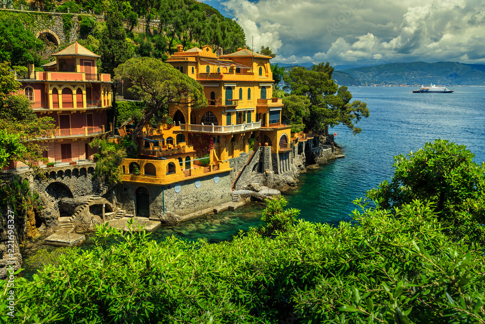 Colorful luxury homes near Portofino resort, Liguria, Italy, Europe