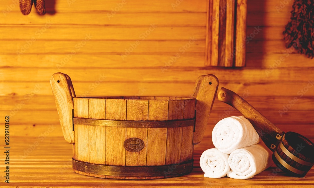 Interior of sauna and sauna accessories