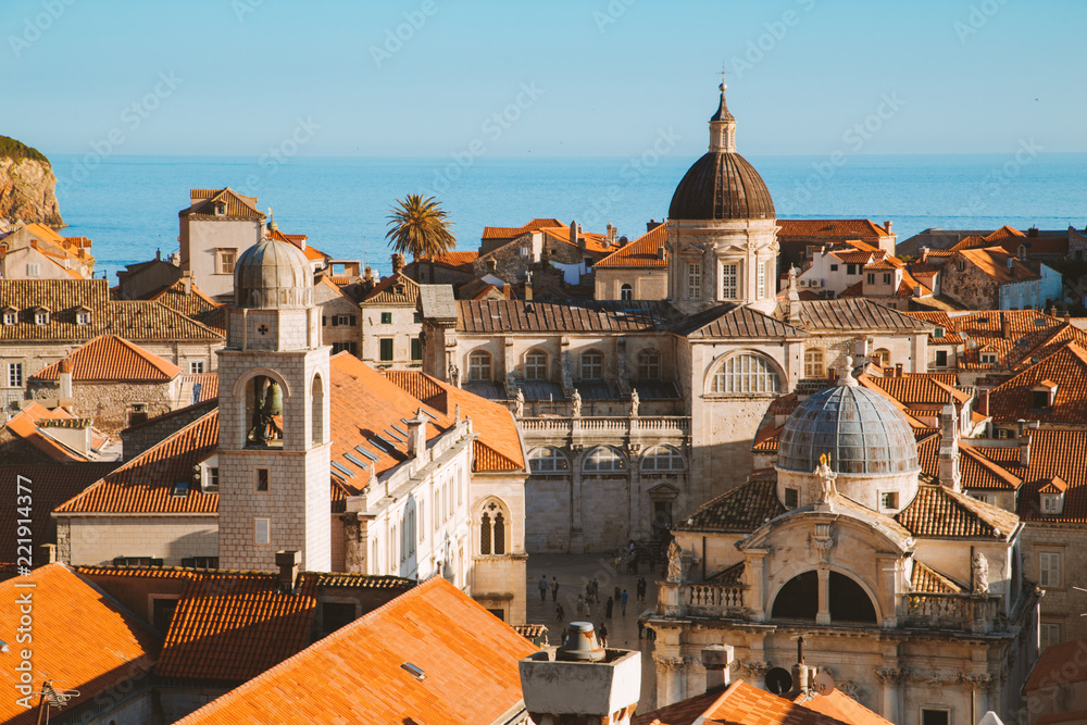 Dubrovnik terra cotta rooftops at sunset, Dalmatia, Croatia