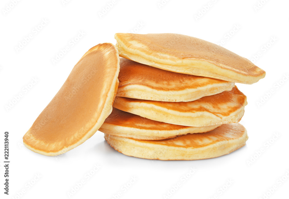 Tasty pancakes on white background