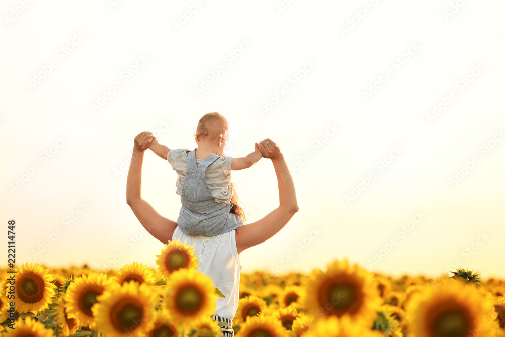 Beautiful woman with her little son in sunflower field on sunny day