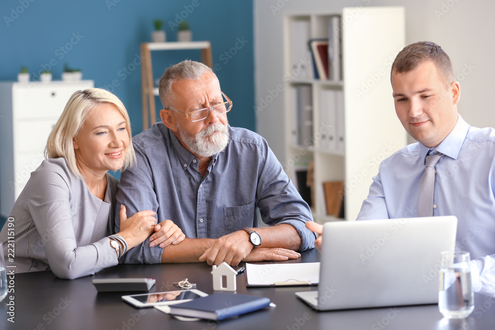 Mature couple with estate agent in office