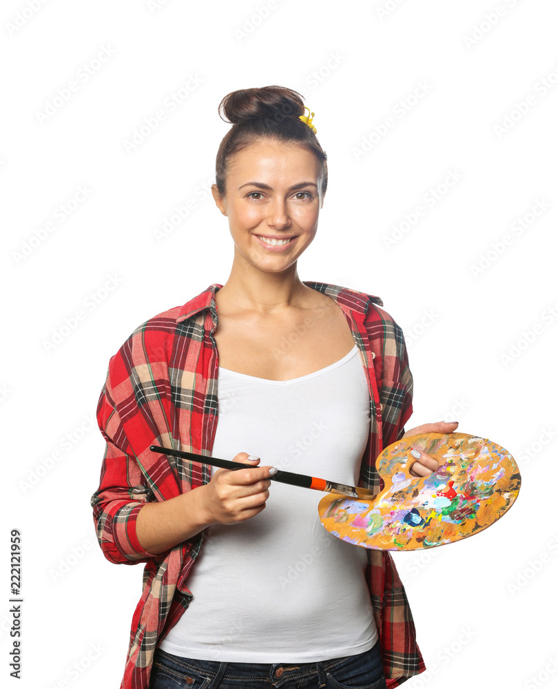 Female artist with brush and paint palette on white background