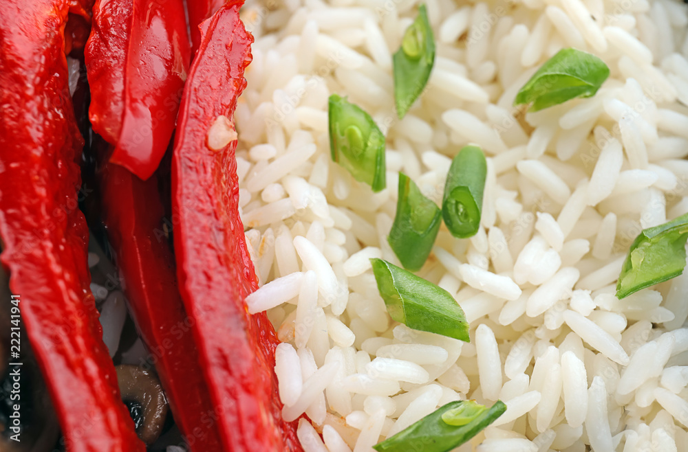 Tasty boiled rice with vegetables, closeup