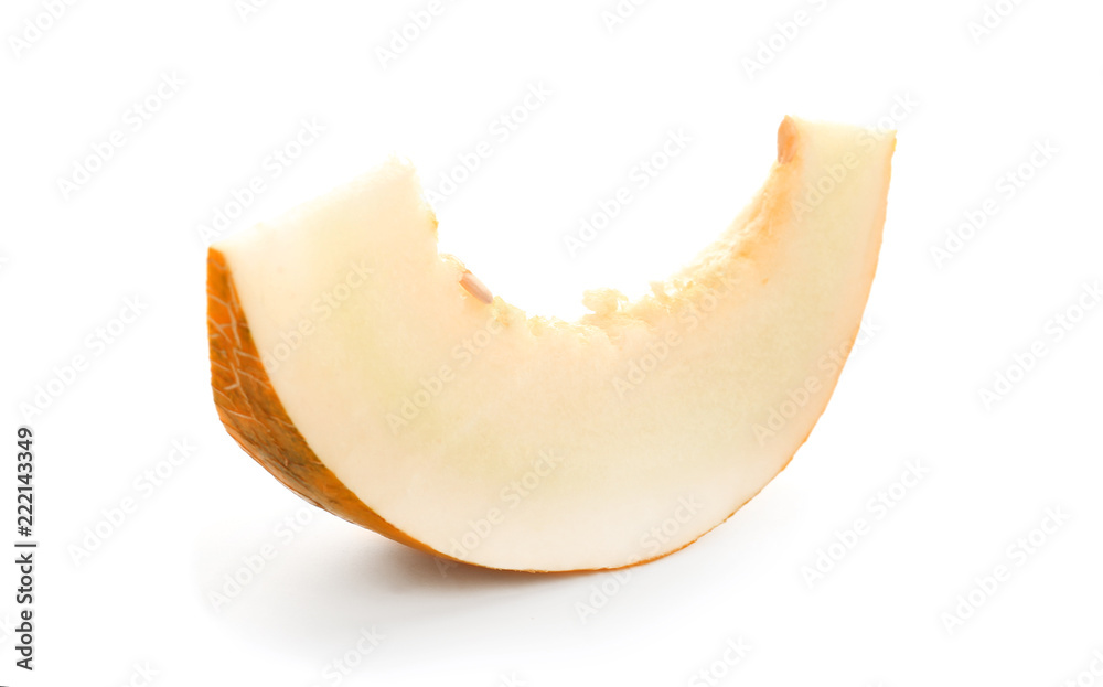 Slice of sweet ripe melon on white background