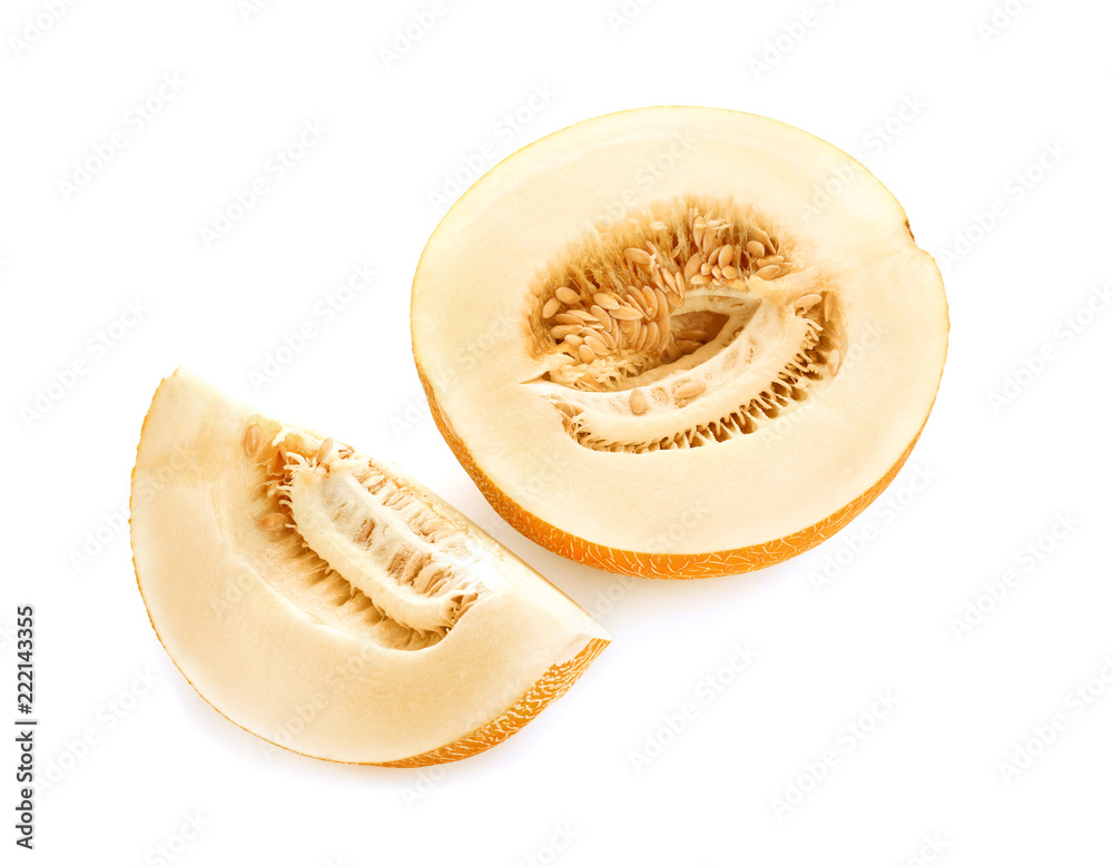 Cut ripe sweet melon on white background