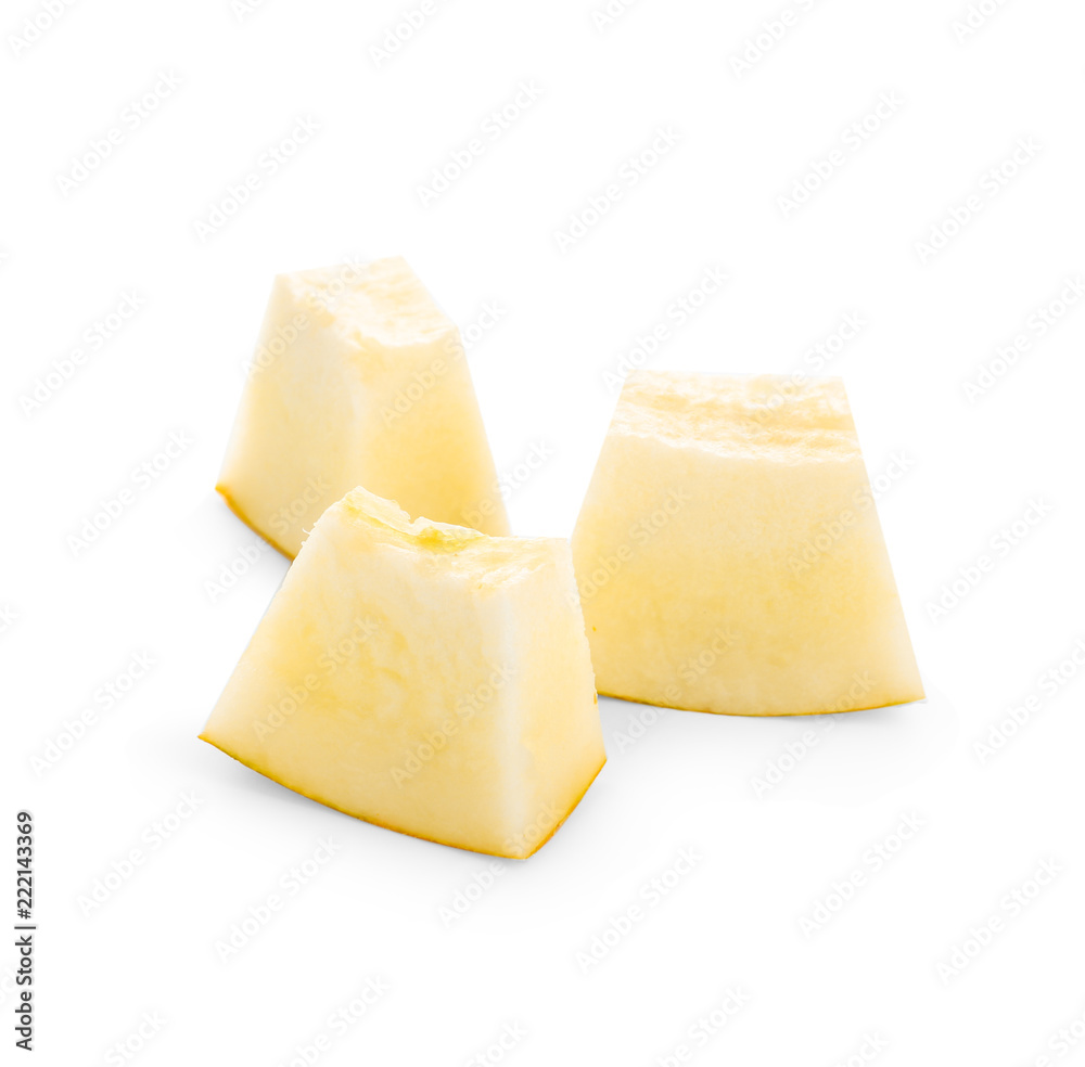 Pieces of ripe sweet melon on white background