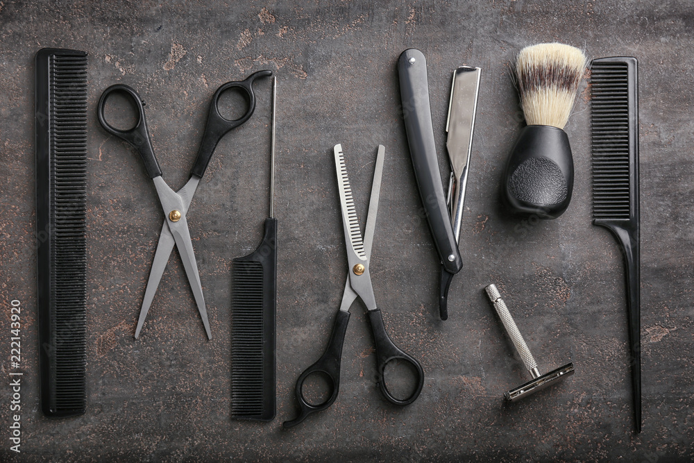 Professional hairdressers set on grey background