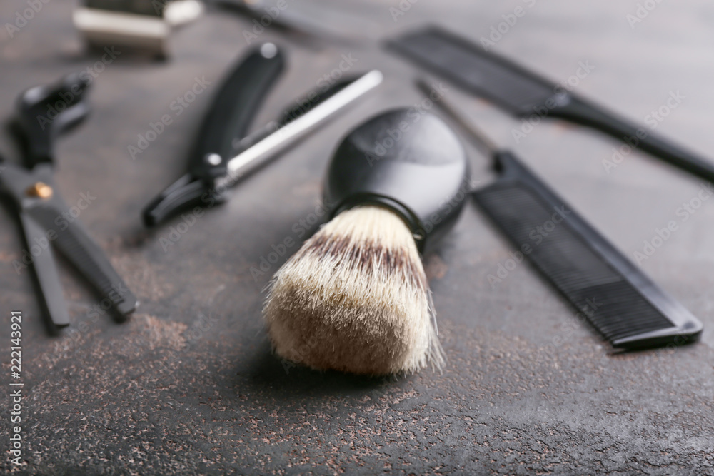 Professional hairdressers set on grey table