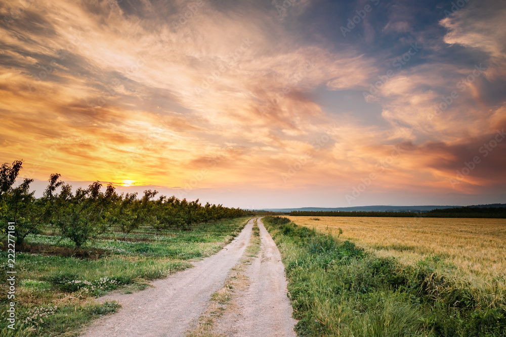 Spring Sunset Sky Above Spanish Countryside Open Road Through Pe