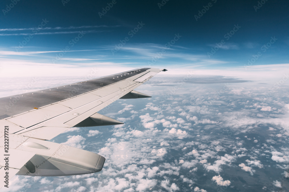 Sky View From Airplane Window. Window Seen Beautiful Sky From He