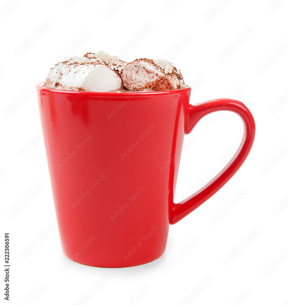 Cup of hot chocolate with marshmallows on white background