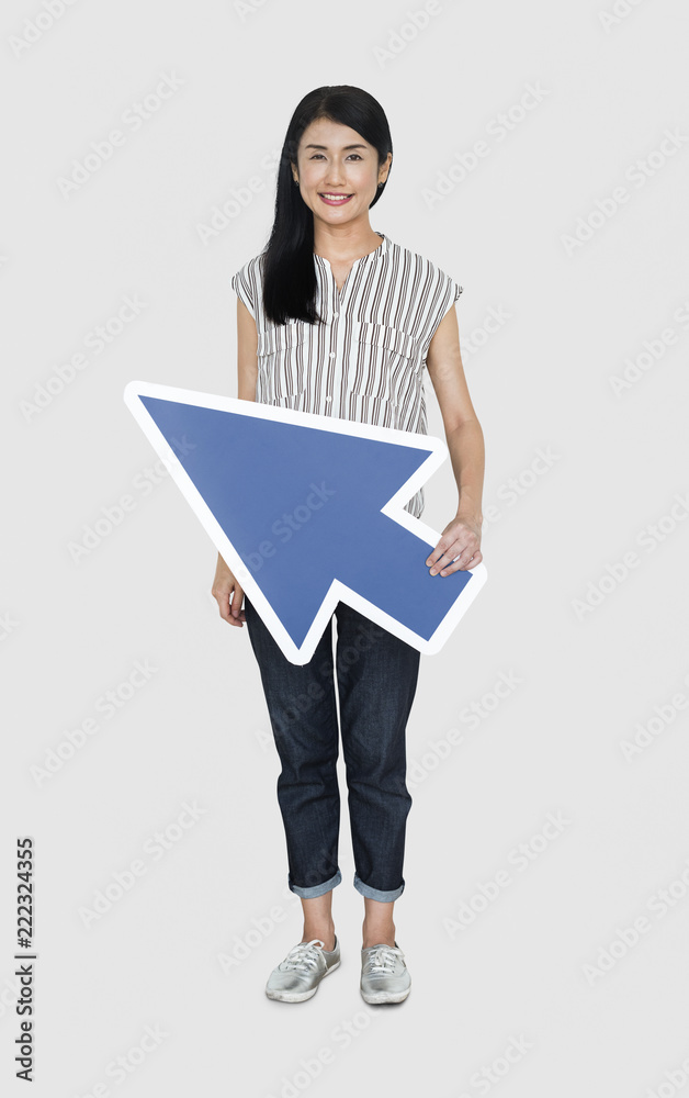 Happy woman holding a cursor icon