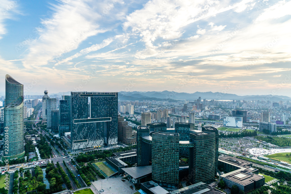 中国杭州城市天际线全景