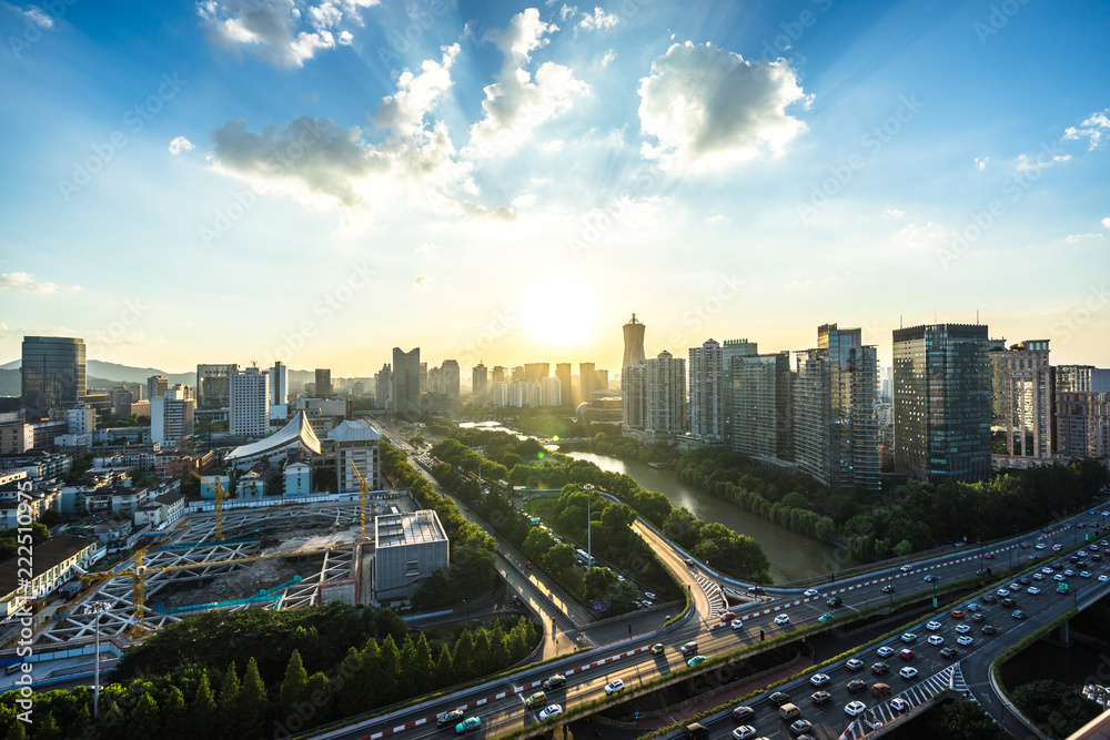 中国杭州全景城市天际线